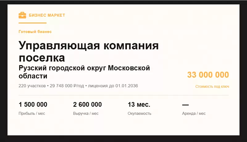 Готовый бизнес. УК поселка, сбор 29,7 млн ₽