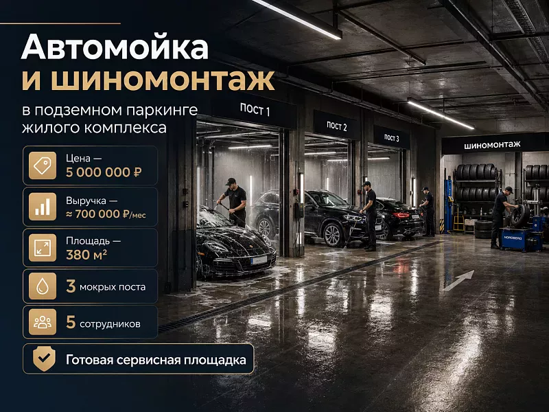 Автомойка и шиномонтаж в подземном паркинге ЖК — готовая площадка 380 м²