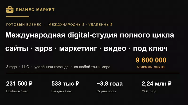 ПРОДАЖА МЕЖДУНАРОДНОЙ DIGITAL-СТУДИИ ПОЛНОГО ЦИКЛА